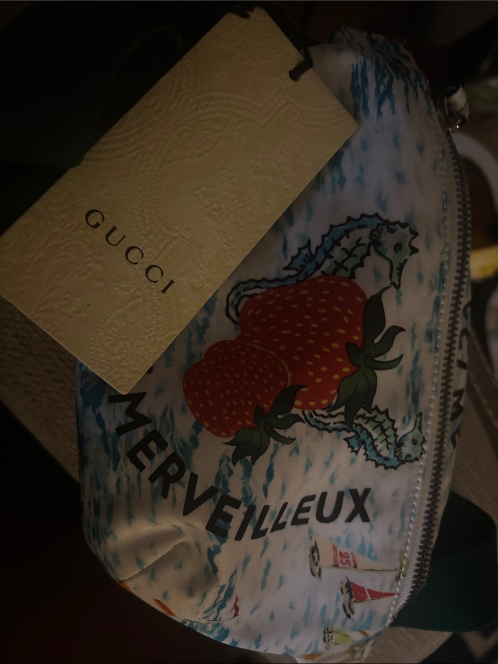 Gucci White and Blue MERVEILLEUX Strawberry Crossbody Bag